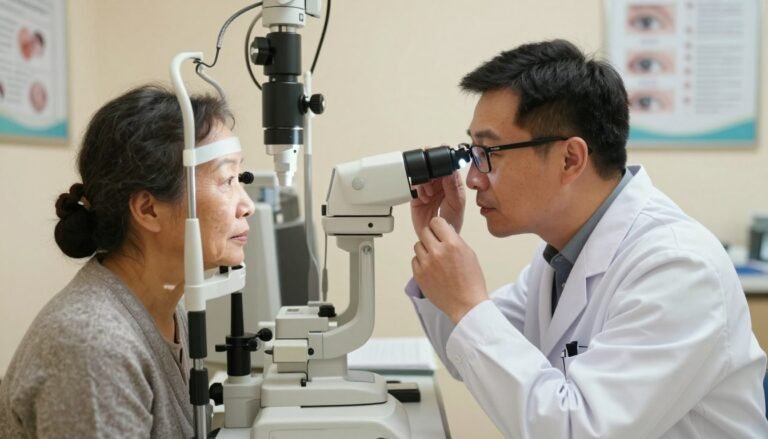 A dedicated ophthalmologist conducting an eye health examination in a well-lit, professional clinic. In the foreground, the doctor, a middle-aged Asian male wearing a white lab coat and stylish glasses, is closely inspecting an older patient's eyes using a bright handheld light. The patient, an elderly Asian woman in modest attire, appears calm and attentive, seated on an examination chair. In the middle ground, an ophthalmic machine is visible, showcasing various diagnostic tools like a phoropter and a slit lamp. The background features soft-focus medical charts and informational posters about eye health. The lighting is warm and inviting, creating a reassuring atmosphere emphasizing professionalism and care. The angle captures the interaction between the doctor and the patient while maintaining a sense of warmth and trust in the examination process.