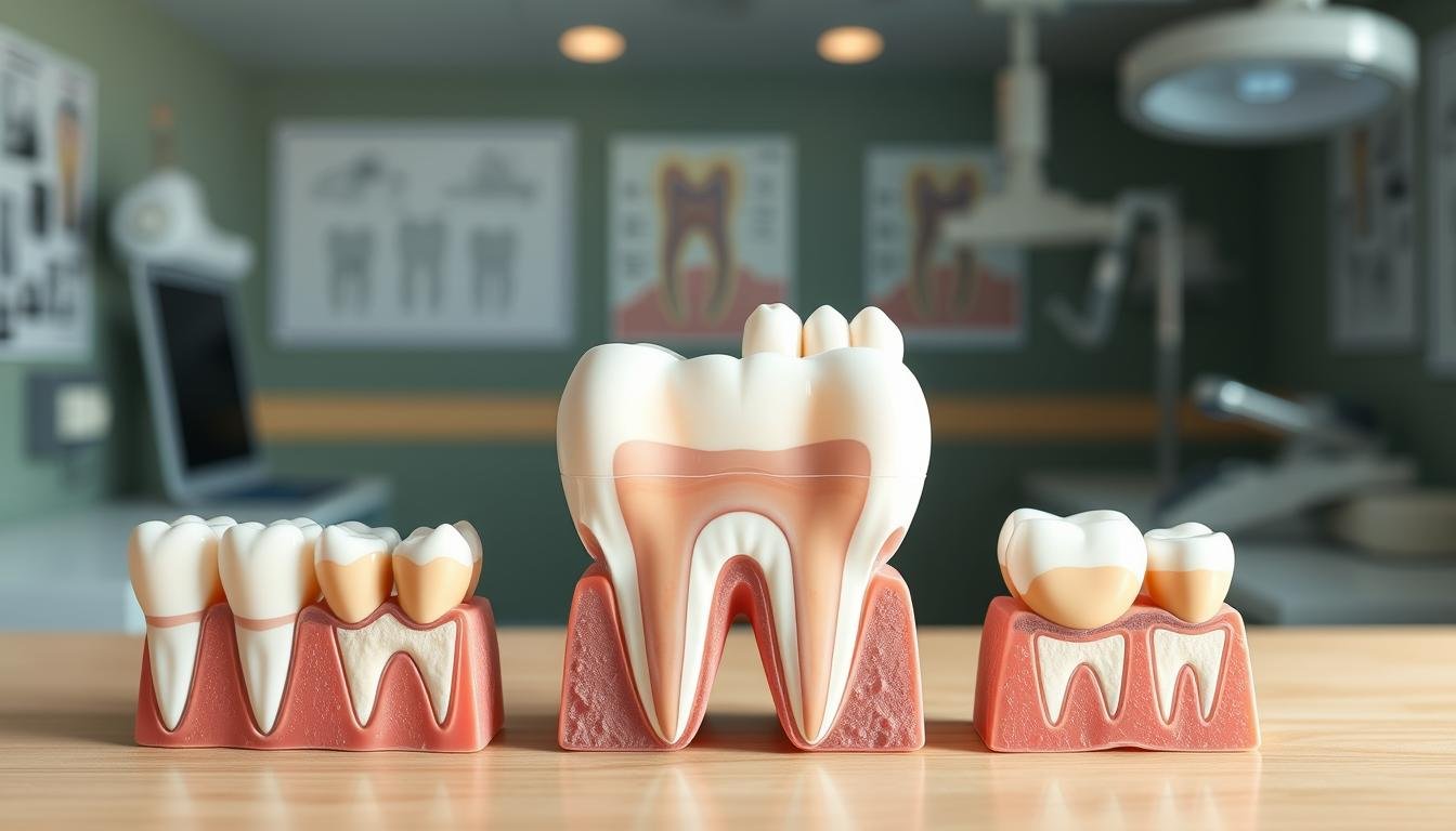 A detailed illustration showcasing the growth process of wisdom teeth. In the foreground, a set of molars with partially emerged wisdom teeth, highlighting the different stages of eruption, from fully buried to partially exposed. The middle layer includes cross-section views of the jaw and gums, demonstrating the wisdom teeth's position and the surrounding structures. In the background, a soft-focus dental clinic with anatomical diagrams and dental tools subtly visible to create a clinical atmosphere. Use soft, natural lighting to enhance the colors and textures of the teeth and gums, with a slightly elevated angle to capture depth. The mood is informative and scientific, emphasizing the educational aspect of dental health. No text or watermarks should be present in the image.