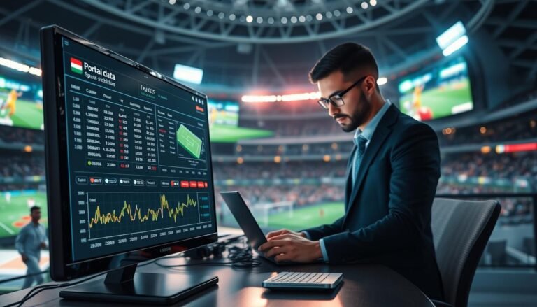 A modern sports betting system interface displaying real-time data synchronization. In the foreground, a sleek monitor shows live odds and statistics, with charts and graphs indicating dynamic changes in gameplay. In the middle ground, a professional individual in business attire is intently analyzing the data on a laptop, surrounded by high-tech devices and multiple screens showing sports events. The background features a digitally rendered stadium with vibrant lighting, emphasizing the energy of live sports. The atmosphere is focused and dynamic, with a sense of urgency and precision. Soft, ambient lighting enhances the tech-savvy environment, suggesting advanced analytics at work. The overall scene conveys the importance of immediate data in sports betting stability analysis.