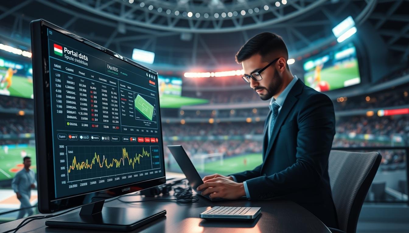 A modern sports betting system interface displaying real-time data synchronization. In the foreground, a sleek monitor shows live odds and statistics, with charts and graphs indicating dynamic changes in gameplay. In the middle ground, a professional individual in business attire is intently analyzing the data on a laptop, surrounded by high-tech devices and multiple screens showing sports events. The background features a digitally rendered stadium with vibrant lighting, emphasizing the energy of live sports. The atmosphere is focused and dynamic, with a sense of urgency and precision. Soft, ambient lighting enhances the tech-savvy environment, suggesting advanced analytics at work. The overall scene conveys the importance of immediate data in sports betting stability analysis.