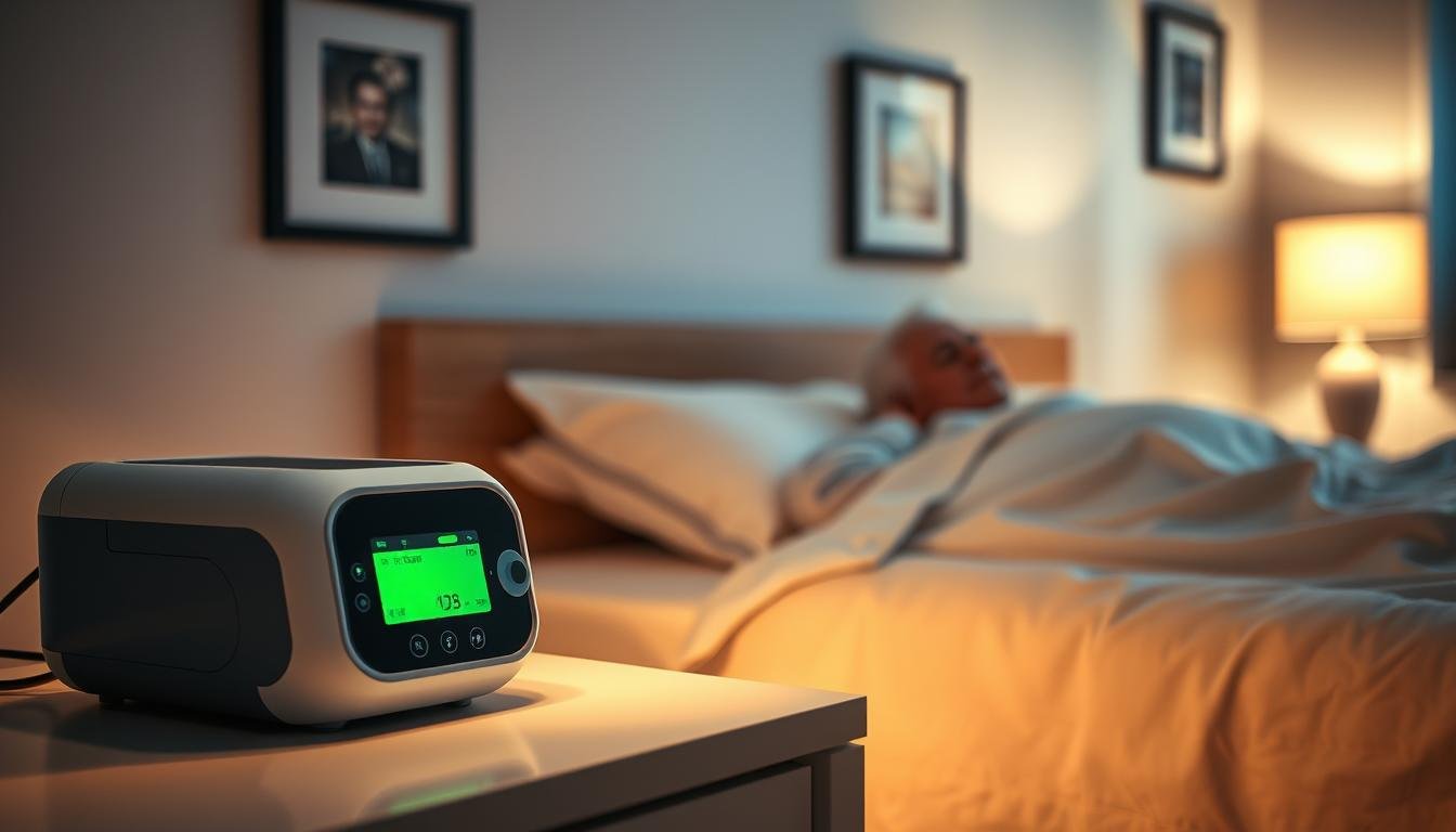 A serene bedroom scene featuring a well-lit nightstand adorned with a modern sleep apnea machine, symbolizing safety and comfort. In the foreground, the device is highlighted, showcasing its sleek design and digital display with green indicators. In the middle ground, an elderly patient, dressed in modest nightwear, is depicted using the machine, gently resting in bed, exuding a sense of calm and security. Soft ambient lighting casts a warm glow, creating a peaceful nighttime atmosphere. The background features a cozy room setup with a softly lit lamp and framed pictures on the walls, enhancing the overall sense of tranquility. The image encapsulates the theme of security in nighttime use of sleep apnea devices without any text or distractions.