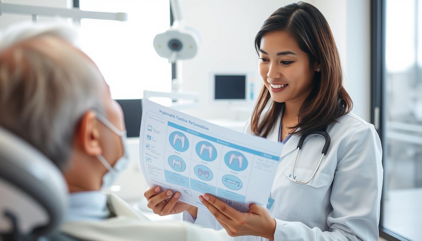 A dental professional in a modern, well-lit clinic, attentively examining a patient's dental records while discussing oral hygiene and care tips specifically for Invisalign treatment. The foreground features a close-up of the dentist, a middle-aged Asian woman in professional attire, holding a dental chart with clear graphics related to periodontal care. In the background, bright and clean dental equipment is visible, along with a large window letting in soft, natural light. The atmosphere is calm and informative, emphasizing the importance of thorough gum treatment before starting Invisalign. The color palette is soothing with whites and blues, reflecting a professional and sterile environment conducive to patient comfort and trust.