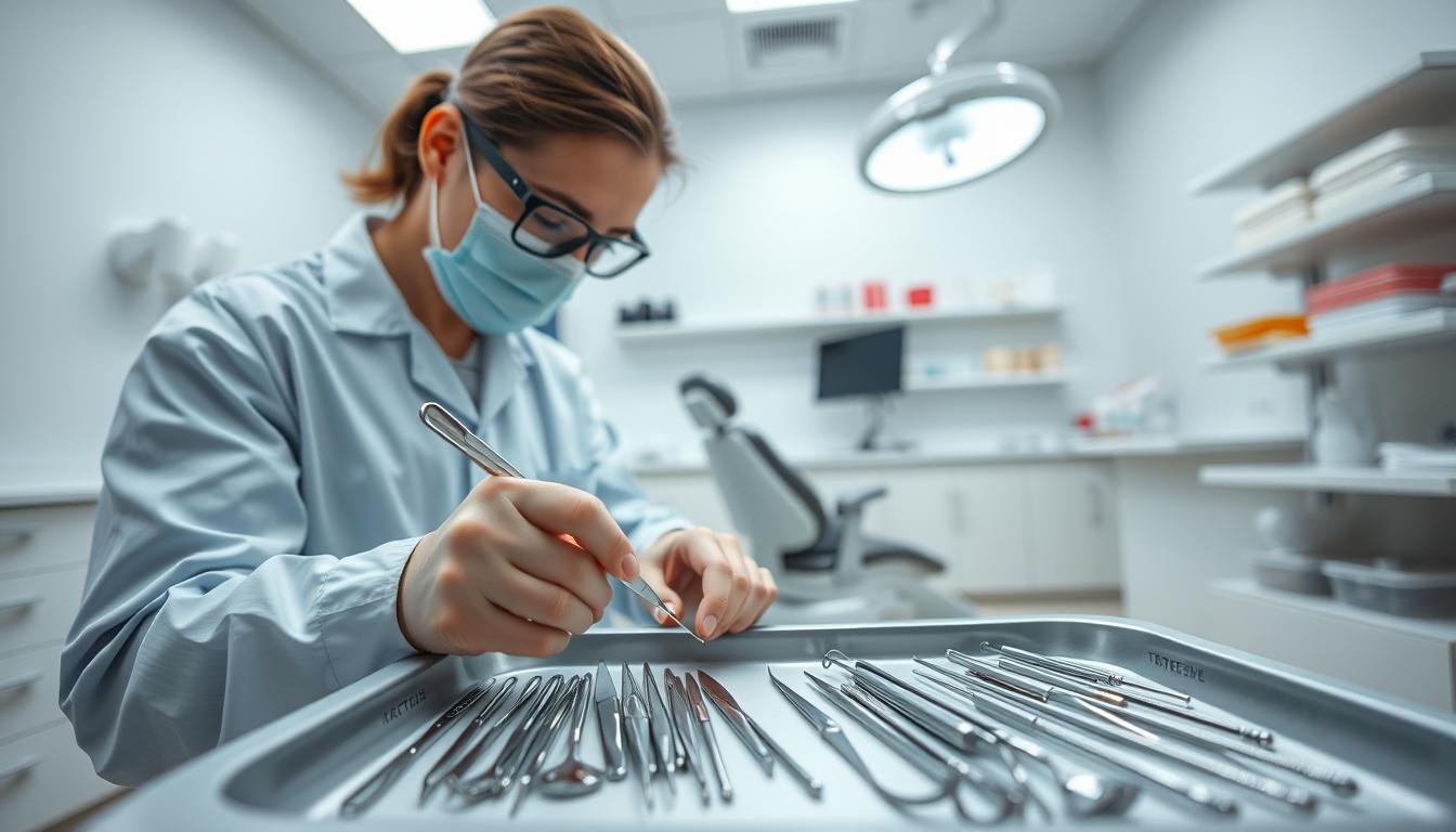 A dentist's office featuring a clean, modern aesthetic focused on dental instruments being meticulously inspected by a technician. In the foreground, a technician, dressed in professional attire, carefully examines various dental tools like scalpels, tweezers, and mirrors on a sterilization tray. The middle section showcases a well-organized workspace with equipment like a dental chair and overhead light, emphasizing hygiene and precision. The background reveals shelves stocked with sterile containers and dental supplies. Soft, bright lighting enhances the clinical atmosphere, with a focus on cleanliness and professionalism. The camera angle is slightly above eye level, capturing the technician in action with an emphasis on attention to detail, creating a mood of diligence and thoroughness.
