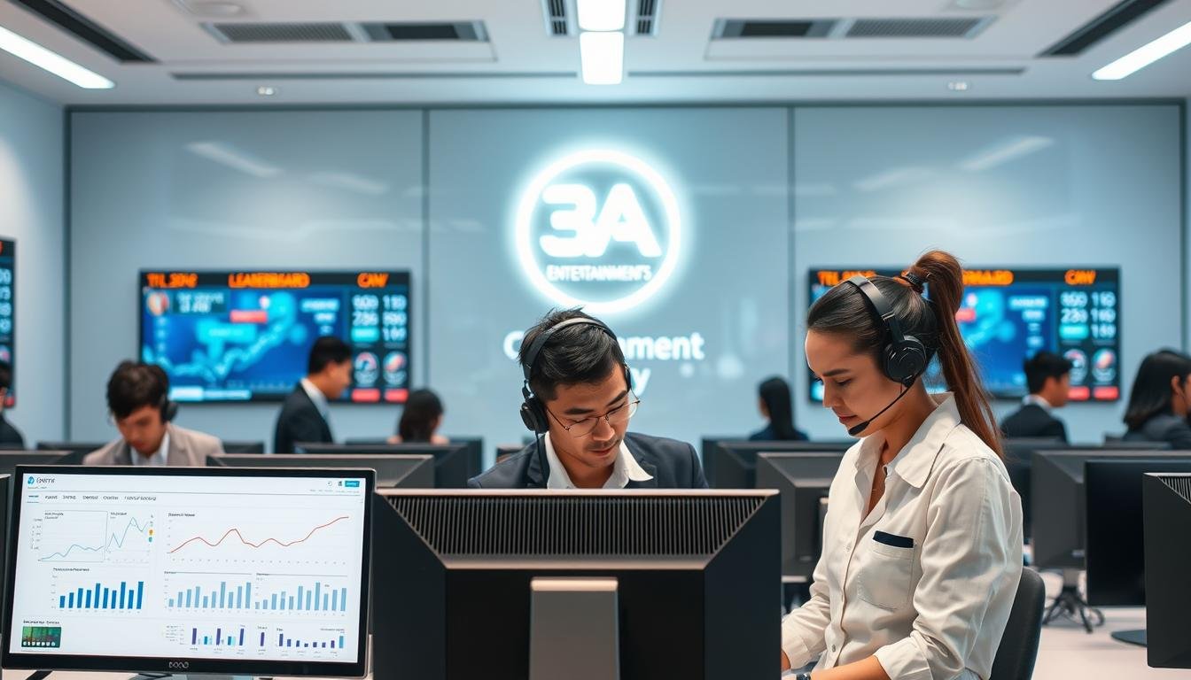 A modern and professional customer support scene in the context of 3A Entertainment City, featuring a diverse group of well-dressed customer service representatives engaged in assisting members. In the foreground, depict two representatives, one male and one female, collaborating over a computer, showing charts and statistics related to gaming competitions. In the middle, create an organized and bright customer support office with digital screens displaying live leaderboards and transparency statistics, suggesting a high-tech environment. In the background, include a sleek logo of 3A Entertainment City, glowing softly. The lighting should be bright and inviting, with a focus on creating a trustworthy and transparent atmosphere. Utilize a slightly elevated angle to capture the teamwork and interactions, enhancing the sense of professionalism and reliability.