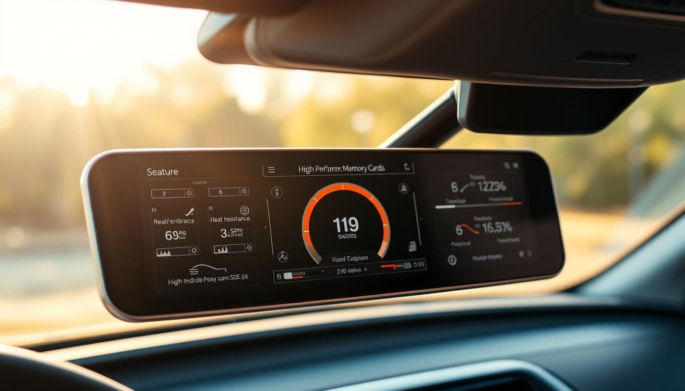 A sleek, modern electronic rearview mirror display showing a detailed interface for selecting high-performance memory cards. In the foreground, focus on a variety of memory card options with labels highlighting features like "high write endurance" and "heat resistance." In the middle, display a digital dashboard with indicators for temperature and read/write cycles, illustrating the importance of choosing the right card. The background should feature a stylish car interior with a sunny, bright atmosphere, enhancing the technological feel. Use soft, natural lighting to evoke a sense of sophistication, and capture the scene from a slightly angled perspective to add depth and dynamism. Overall, the mood should be informative yet visually engaging.