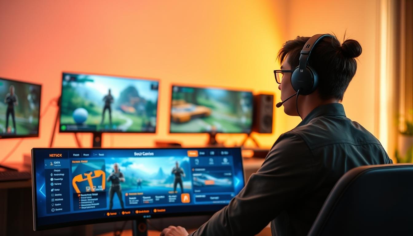A visually engaging depiction of the principles of color psychology in AAA gaming interface design. In the foreground, a well-designed gaming interface with a blend of soothing blues, greens, and accents of vibrant orange illustrates the concepts of visual comfort and engagement. The middle ground features diverse game elements such as a sleek character selection screen and an immersive environment with harmonious color schemes. In the background, a soft-focus gaming setup showcases a player in professional attire, intently engaged, embodying the atmosphere of focused enjoyment. The lighting is warm and inviting, simulating natural light to evoke a sense of calm. Use a wide-angle lens effect to encapsulate the immersive appeal of a thoughtfully designed gaming experience, emphasizing a balance between excitement and relaxation.