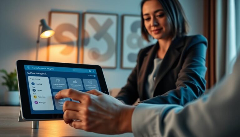 A visually engaging scene depicting a modern and user-friendly self-management tool interface for a membership program. In the foreground, a sleek tablet displays various features like progress tracking, healthy reminders, and gamified goals for responsible gaming. A hand, dressed in a smart business attire, interacts with the touch screen, selecting options. In the middle ground, there’s a cozy workspace filled with ambient lighting from a stylish desk lamp, softly illuminating the user’s focused expression. The background showcases calming wall art depicting abstract patterns related to wellness and balance. The overall atmosphere is professional yet inviting, highlighting the importance of self-care in a balanced lifestyle, with warm hues enhancing the mood of empowerment and responsibility.