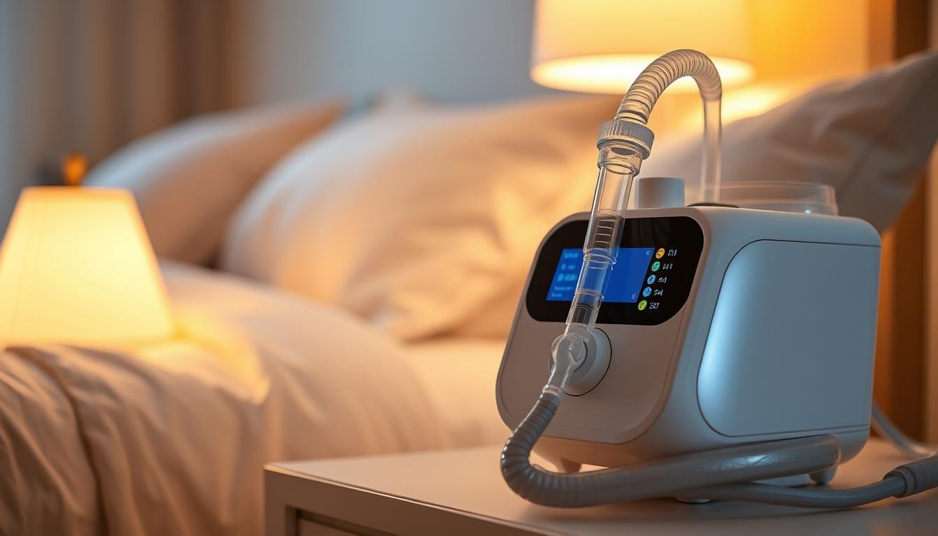 A close-up of a modern sleep apnea machine, elegantly designed with a sleek, white casing and illuminated control panel. The device sits on a bedside table adorned with a soft, warm lamp casting a gentle glow, enhancing a calm and soothing atmosphere. In the background, a cozy bedroom features soft bedding and dimmed lights, implying a restful environment. Through a soft-focus lens effect, the image captures the essence of serenity associated with a good night's sleep. The lighting is warm and inviting, creating a peaceful ambiance. Emphasize the machine's various components, such as the air hose and face mask, without any human presence, ensuring the focus remains on the machine's role in promoting health and well-being during sleep.