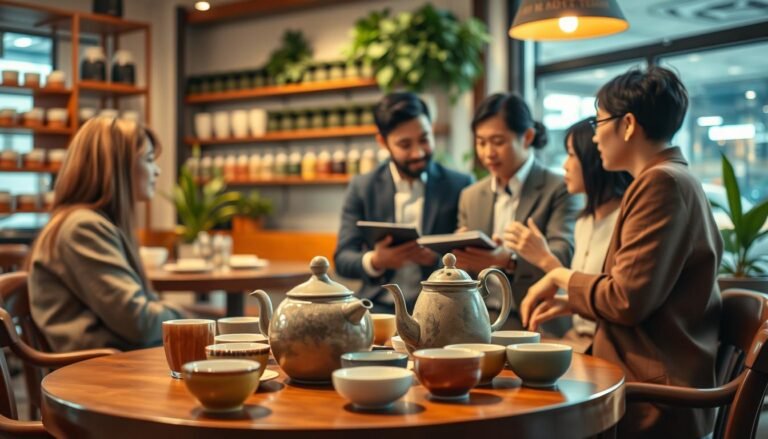 A cozy café setting in Taichung, featuring a group of diverse consumers engaging in a lively discussion about tea products. In the foreground, a round table showcases various tea cups and a teapot, with warm lighting highlighting their colors and textures. The middle ground depicts two to three individuals in professional attire, passionately sharing their experiences while referencing notes or tablets. The background reveals a softly blurred café ambiance, with shelves of tea, green plants, and soft bokeh effects that enhance the atmosphere. The overall mood evokes a sense of warmth, camaraderie, and thoughtful evaluation, set against a cinematic vibe with a 4:3 aspect ratio.