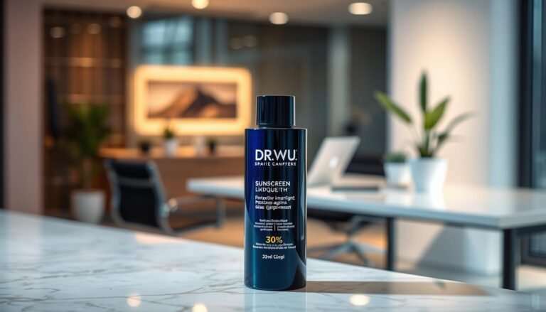 A sleek, modern setting featuring a bottle of DR.WU sunscreen prominently displayed in the foreground, surrounded by elegant, soft lighting that highlights its design and texture. The bottle is set on a stylish marble countertop with a blurred background depicting a contemporary office space, showcasing a desk with a laptop and potted plants to convey a professional atmosphere. The mood is calm and inviting, emphasizing the product's lightweight and protective qualities against blue light and UV rays. The focus is sharp on the sunscreen bottle, with a bokeh effect in the background to draw attention to the product and its benefits.