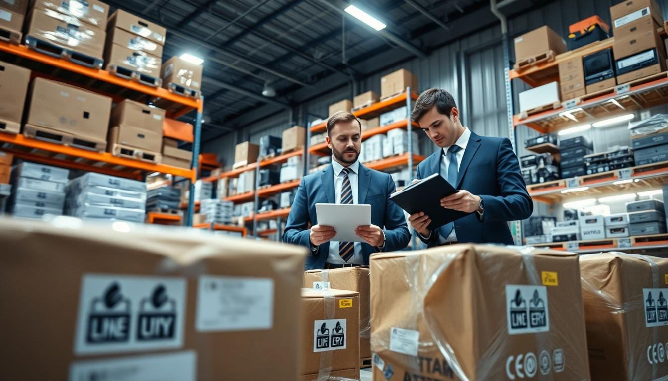 A detailed image of a professional logistics environment focused on the transport of lithium battery products. In the foreground, depict a well-organized shipping area with multiple packages labeled with lithium battery symbols, showing compliance with safety regulations. In the middle, showcase a business professional in smart attire inspecting a shipment while taking notes on a clipboard. The background features well-lit shelves stocked with various electronic devices containing lithium batteries, emphasizing safety protocols. The atmosphere is busy yet orderly, highlighting the importance of proper handling and transportation of hazardous materials. Strong but soft lighting illuminates the scene, enhancing clarity and focus, shot from a slightly low angle to emphasize the professionalism of the setting.