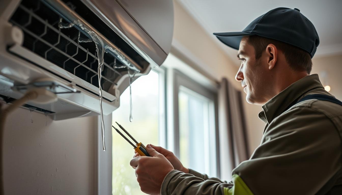 A maintenance technician wearing a professional uniform inspects a residential air conditioning unit that is leaking water. In the foreground, the technician is focused on the AC unit, using tools to carefully examine the source of the leak. The middle ground features the indoor setting, with visible water droplets highlighting condensation issues, while an open window suggests rain outside. In the background, soft, diffused lighting creates a realistic atmosphere, enhancing the feeling of a rainy day. The scene conveys a sense of urgency and professionalism, emphasizing the importance of proper maintenance in identifying and resolving cooling system problems. The overall mood is serious yet focused, illustrating the intricacies involved in diagnosing HVAC issues.