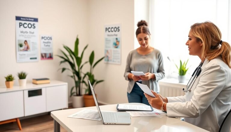 A serene and informative scene depicting a healthcare professional advising a patient about PCOS management. In the foreground, show a female doctor, dressed in professional business attire, seated at a modern desk with a laptop and medical charts, demonstrating engagement and empathy. In the middle ground, include a young woman in modest casual clothing, attentively listening and taking notes. The background features a soothing, well-lit consultation room with plants and health posters related to PCOS. Soft natural light filters through a window, creating a warm and supportive atmosphere. The camera angle captures a close-up of the interaction, emphasizing trust and professionalism while avoiding distractions.