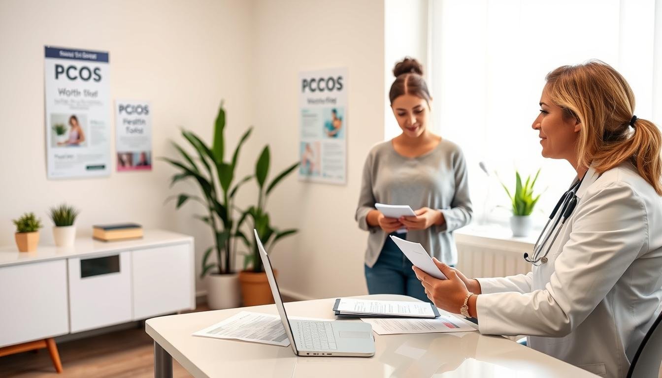 A serene and informative scene depicting a healthcare professional advising a patient about PCOS management. In the foreground, show a female doctor, dressed in professional business attire, seated at a modern desk with a laptop and medical charts, demonstrating engagement and empathy. In the middle ground, include a young woman in modest casual clothing, attentively listening and taking notes. The background features a soothing, well-lit consultation room with plants and health posters related to PCOS. Soft natural light filters through a window, creating a warm and supportive atmosphere. The camera angle captures a close-up of the interaction, emphasizing trust and professionalism while avoiding distractions.