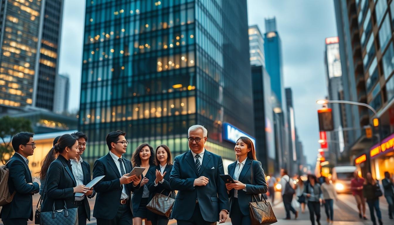 A bustling urban scene showcasing a modern office building in Kowloon, Hong Kong, at dusk. In the foreground, a diverse group of business professionals in smart attire are engaged in animated discussions, holding briefcases and tablets. The middle ground features the sleek exterior of the office tower, adorned with glass reflecting the vibrant city lights and iconic skyline. The background illustrates a bustling street with busy pedestrians and vehicles, enhancing the sense of a thriving business district. The lighting is warm and inviting, with a soft focus that highlights the energy of the environment. The overall mood conveys a dynamic and strategic business atmosphere, emphasizing the appeal of Kowloon as a corporate headquarters choice.