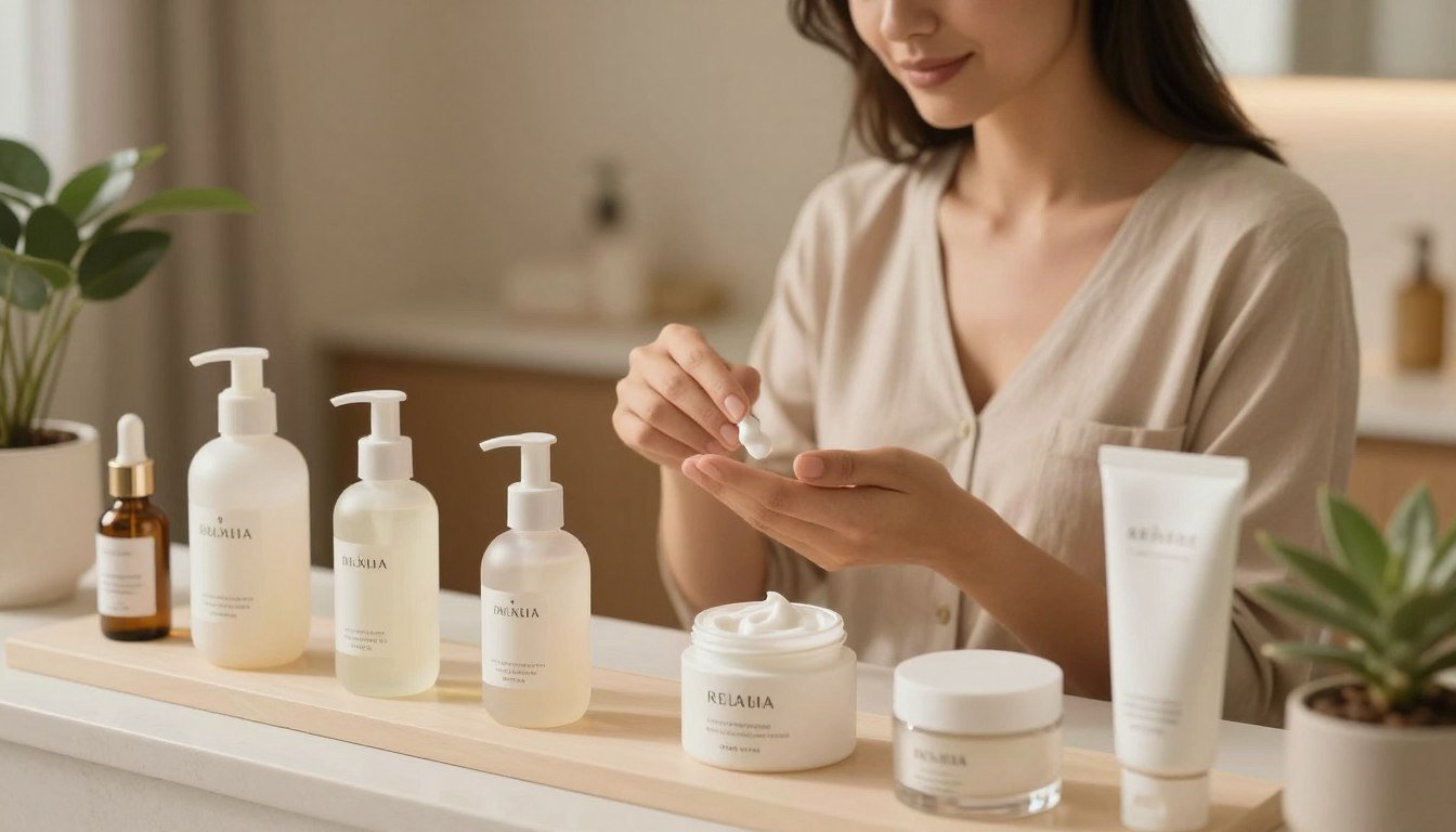 A serene and inviting skincare display focused on breast care. In the foreground, elegantly arranged bottles of creams and serums, each labeled with sophisticated, minimalist designs, reflecting luxury and care. The middle layer features a professional woman in modest casual clothing, applying a cream with a focused expression, embodying self-care and confidence. Surrounding her are soft, natural elements like plants and warm, inviting textures. In the background, a softly lit space with neutral colors creates an atmosphere of warmth and tranquility. The lighting is soft and diffused, enhancing the calming mood. The angle captures the details of the products while subtly highlighting the woman's engagement with her skincare routine, emphasizing the connection between lifestyle habits and skincare choices.