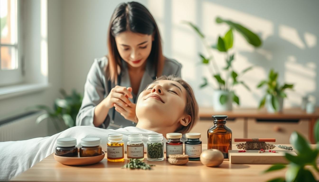 A serene and professional clinic setting showcasing Traditional Chinese Medicine for treating rosacea. In the foreground, an experienced practitioner, dressed in modest professional attire, is demonstrating acupuncture techniques on a patient’s face, focusing on the nose area. In the middle ground, an array of herbal remedies and traditional Chinese medicine tools are neatly arranged on a wooden table, emphasizing holistic treatment. The background features soft, natural lighting coming from a large window, highlighting calming green plants and softly colored walls, creating a tranquil atmosphere. The composition should evoke a sense of healing, professionalism, and serenity, ideal for an informative article about alternative treatments for rosacea.